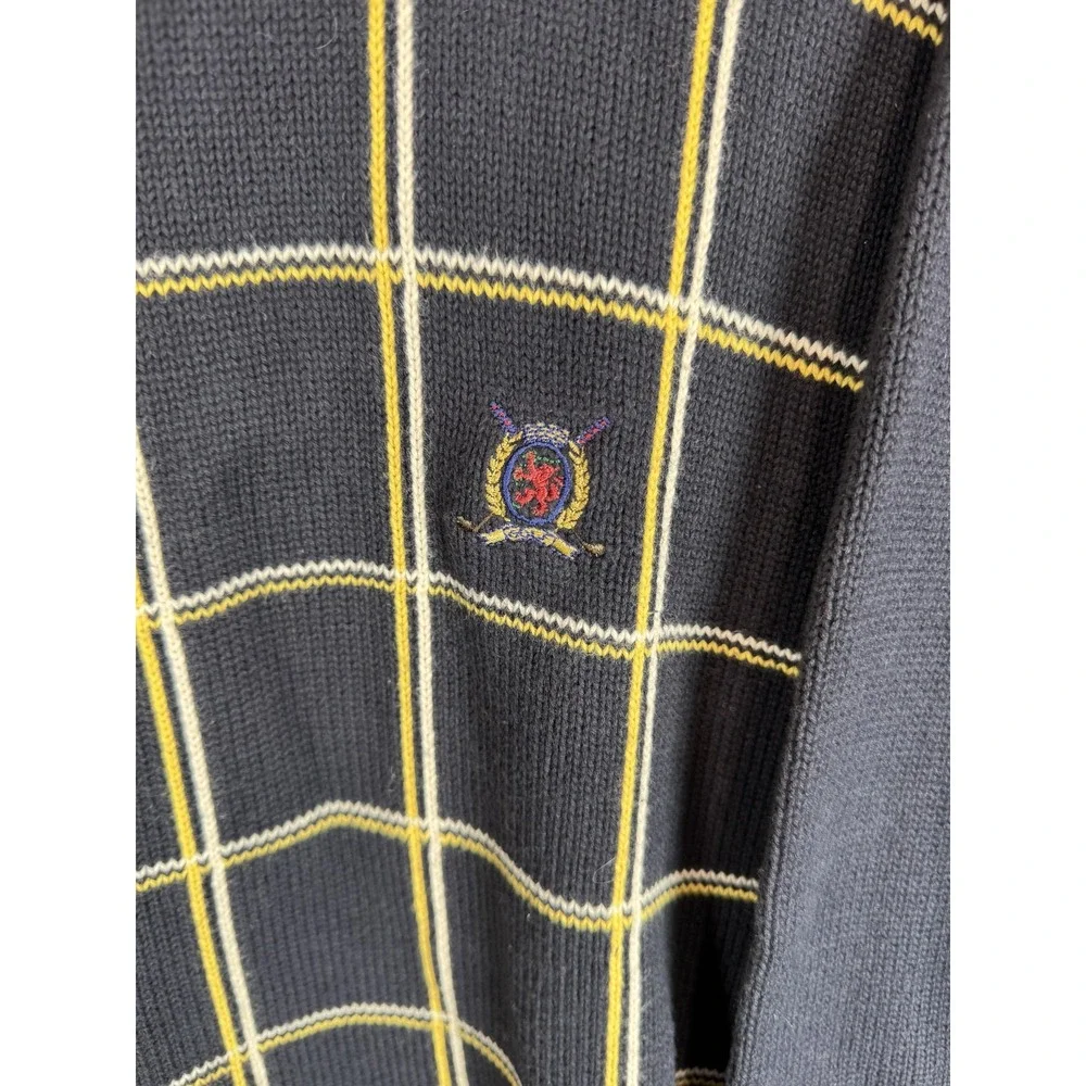Tommy Hilfiger Sweater Mens XL Black Yellow Plaid Golf Crewneck Pullover Classic